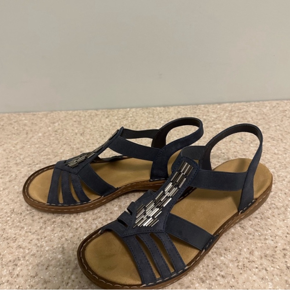 Rieker Women Sandals Gray Leather Bead Detail Open Toe Heel Strap  41